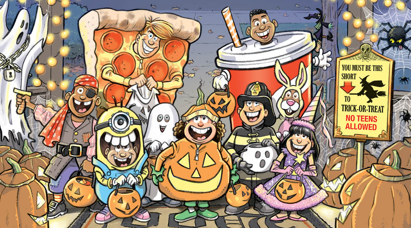 Illustration of people dressed in various costumes for Halloween