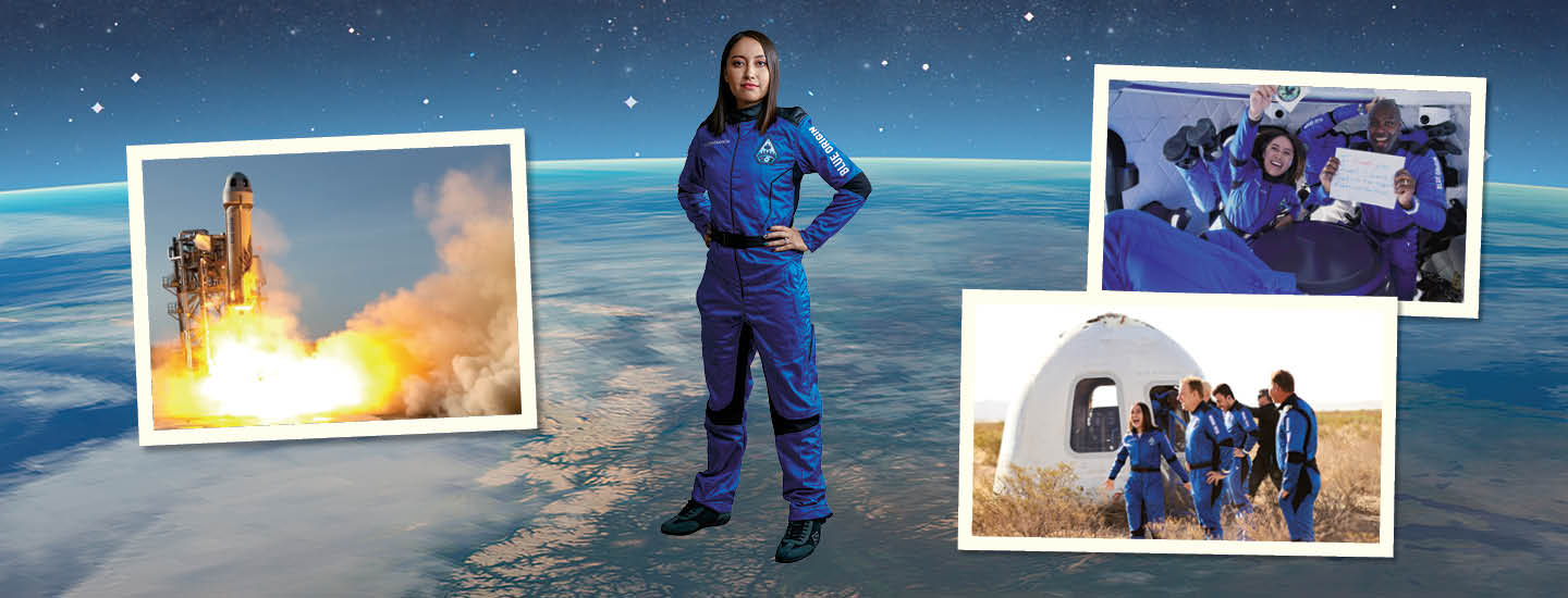 Image of an astronaut and three photos from her journey of the launch, in space, and landing