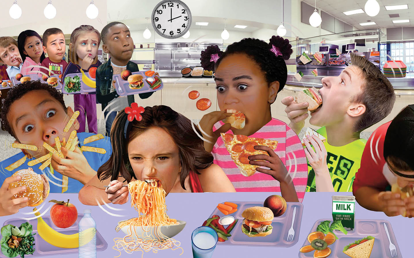 Image of kids at lunch stuffing their face with a variety of foods