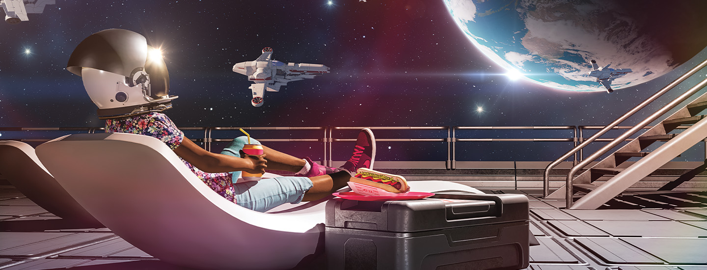 Image of a person lounging on a spaceship looking out at space