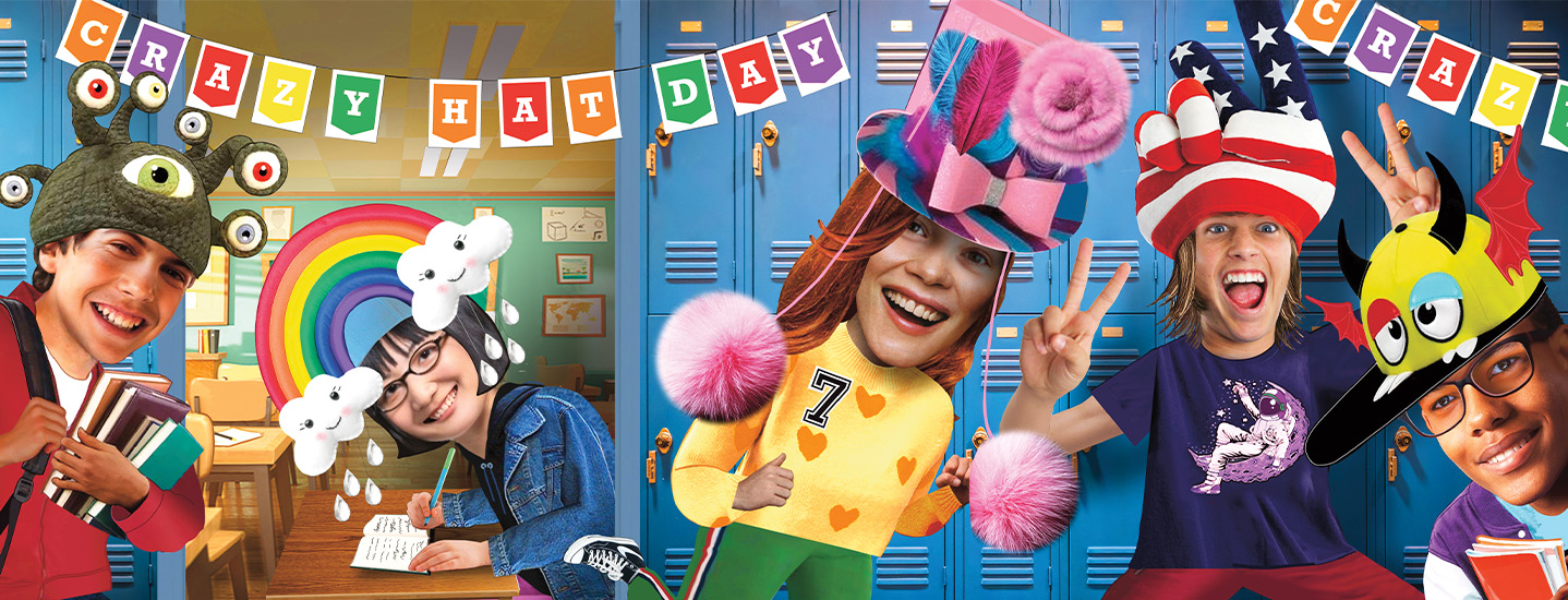 Four students wear silly hats at school for Crazy Hat Day