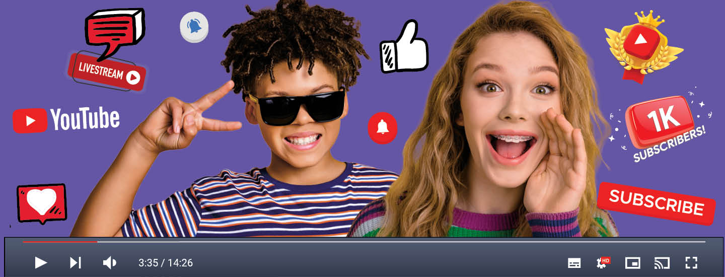 A YouTube video player shows two children surrounded by social media icons and subscribe labels