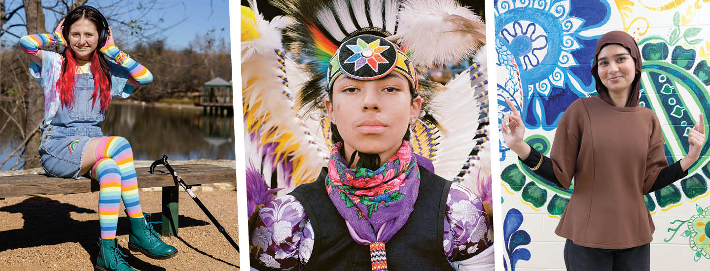 Three portraits of young people, each in a distinct cultural or personal style